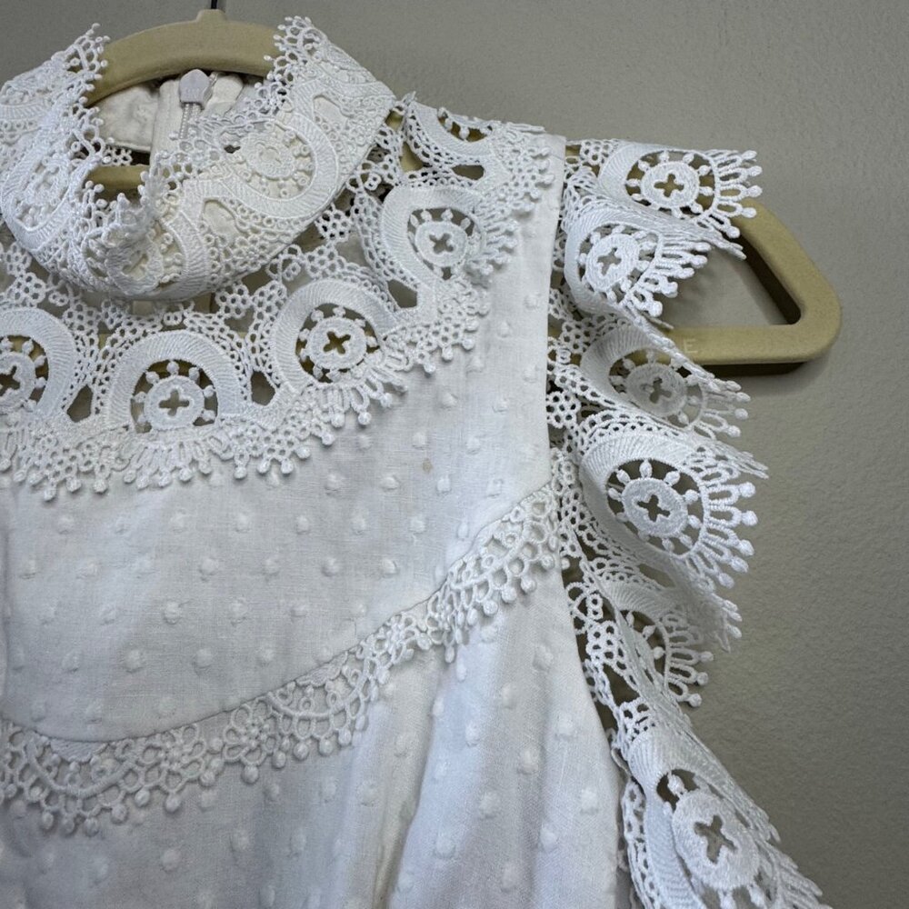 ZIMMERMANN Peggy Embroidered Trim Short Dress Womens 6 White Linen Blend Lace - Picture 5 of 13